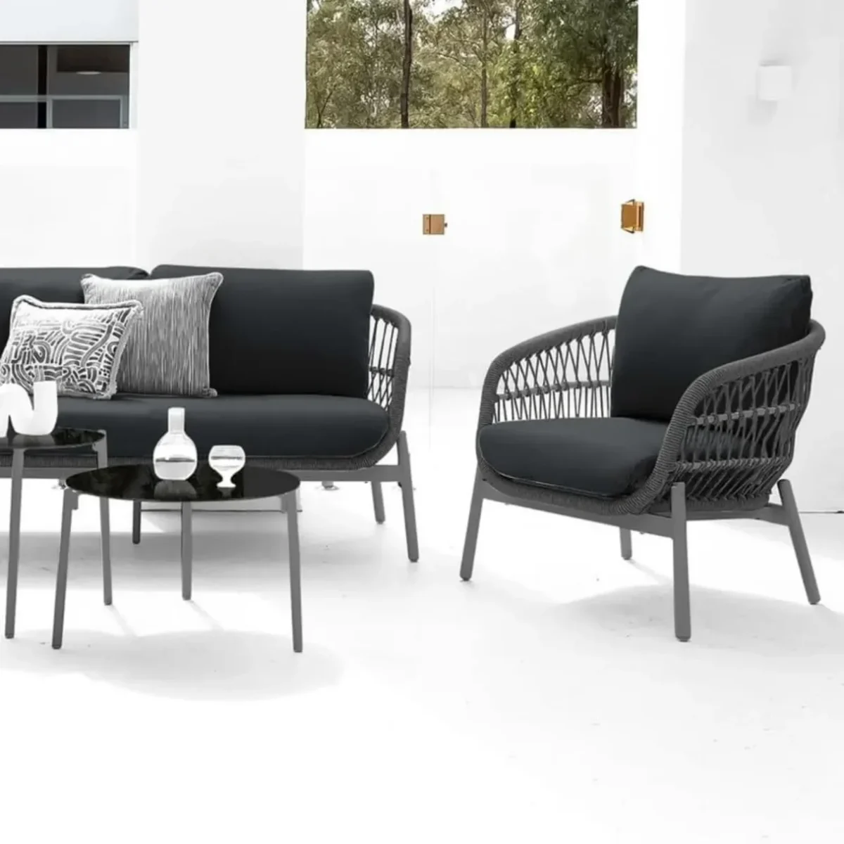 “Stylish rope furniture 4-seater sofa set with durable frame and all-weather cushions for balcony”