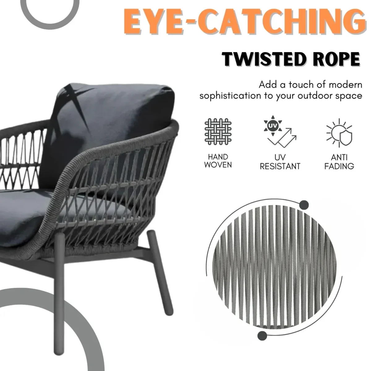 “Comfortable 4-seater rope sofa set with cream cushions, ideal for poolside, lawn, or deck”