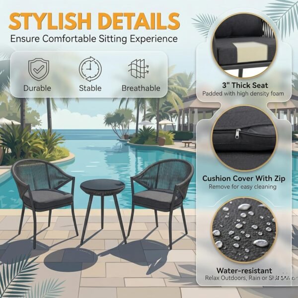 LOCCUS 3 Piece Woven Rope Patio Furniture Set with Cushions. {Grey} - Image 7