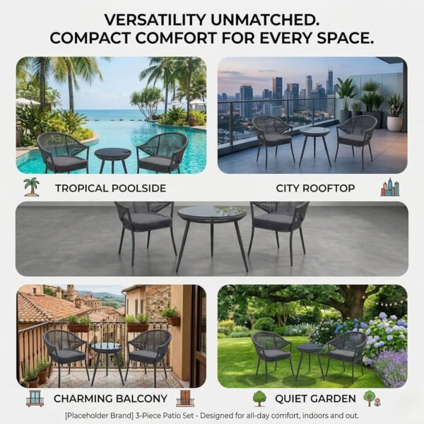 LOCCUS 3 Piece Woven Rope Patio Furniture Set with Cushions. {Grey} - Image 8