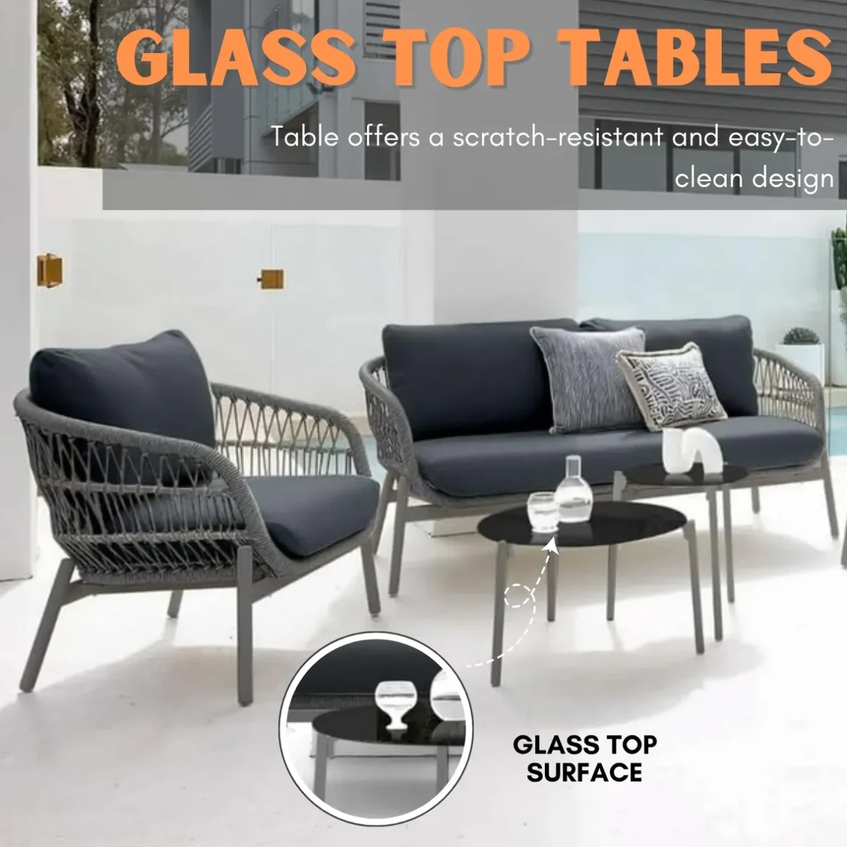 “Durable rope furniture sofa set 4-seater with soft cushions, perfect for outdoor seating areas”