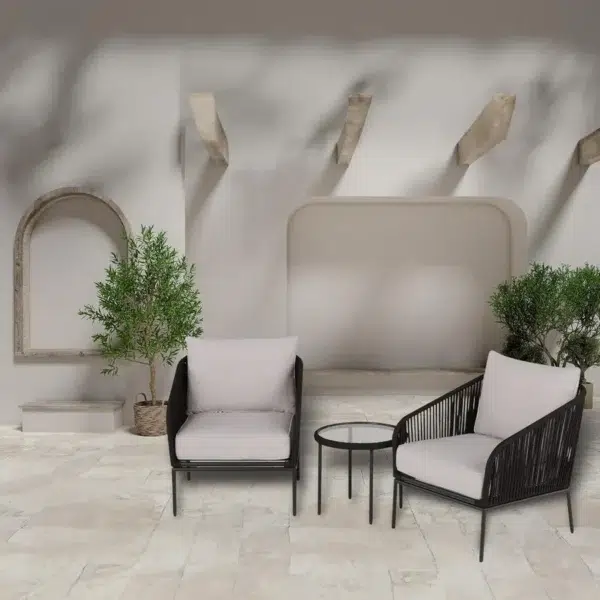 3 Piece Outdoor Rope Bistro Set in black and white with two chairs and a round table, perfect for balcony or patio use.