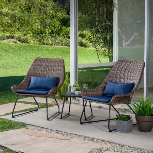 Outdoor Rattan Wicker 3-Piece Patio Set with cushioned chairs and glass-top table for garden, balcony, or patio