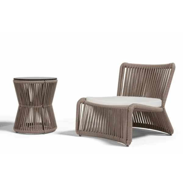 3-piece outdoor beige rope patio set with cushioned chairs and matching side table for garden or balcony
