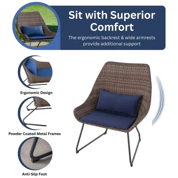 Outdoor Rattan Wicker 3-Piece Patio Set with cushioned chairs and glass-top table for garden, balcony, or patio