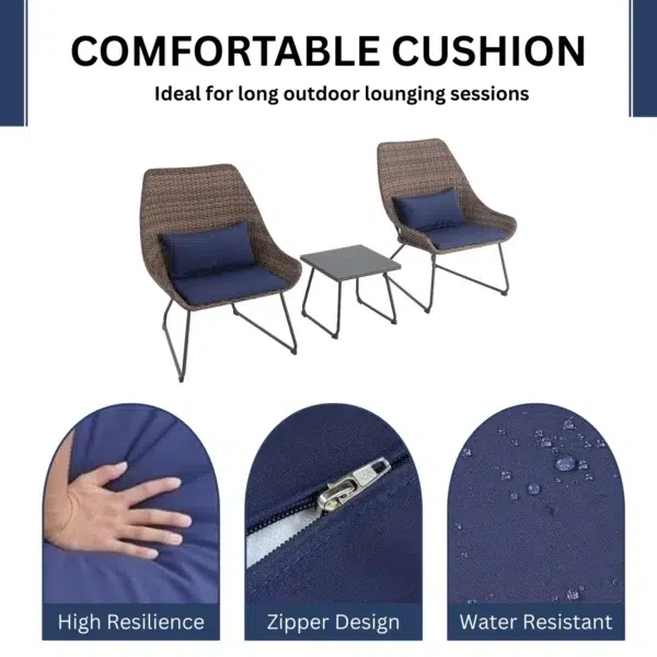 Outdoor Rattan Wicker 3-Piece Patio Set with cushioned chairs and glass-top table for garden, balcony, or patio