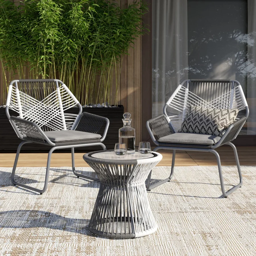 Outdoor Rope Double Tone 3-Piece Patio Set with Table and Cushions for Garden or Balcony