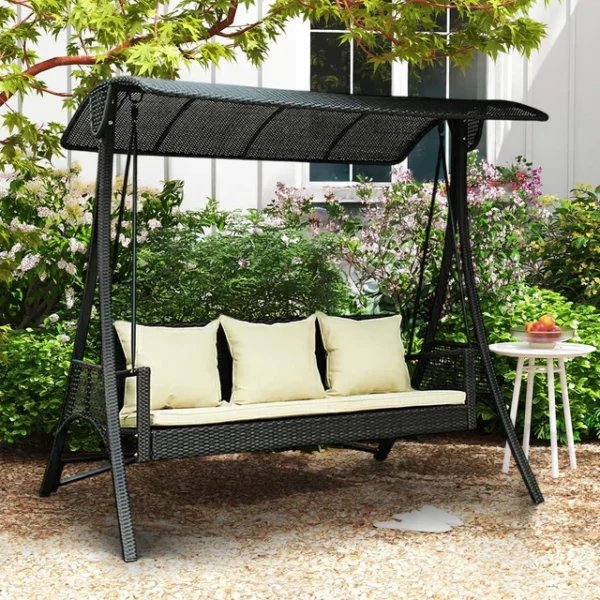 3-seat outdoor rattan wicker patio swing chair with canopy and cushions