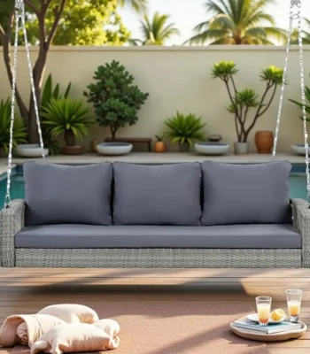 Outdoor 3-person porch swing made of durable HDPE wicker with comfortable cushions