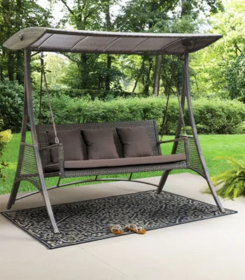 3-seat outdoor rattan wicker patio swing chair with beige cushions and adjustable canopy shade