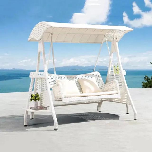 Outdoor wicker 2-seat patio swing chair with shade canopy and soft cushions