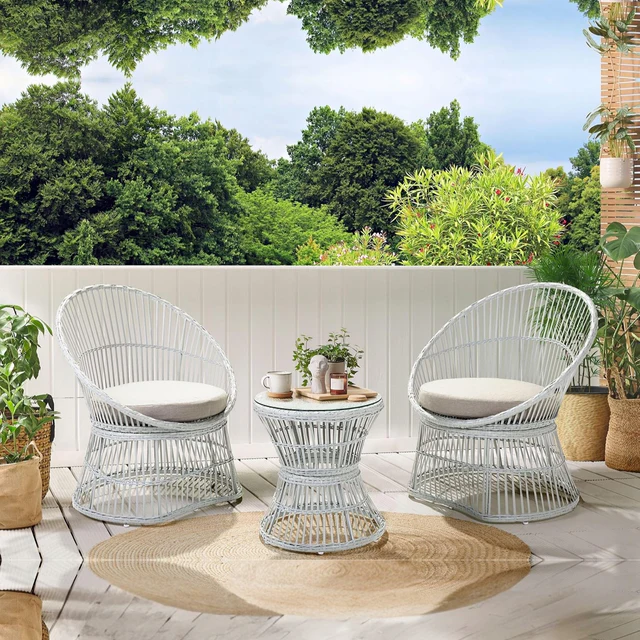 Outdoor rope patio set with glass top table, stylish seating for gardens, balconies, and patios.
