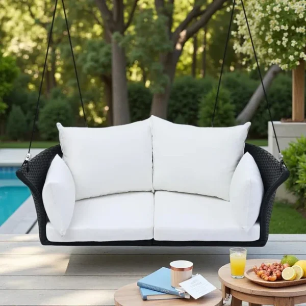 Outdoor rattan wicker hanging swing chair with soft cushion for patio or balcony