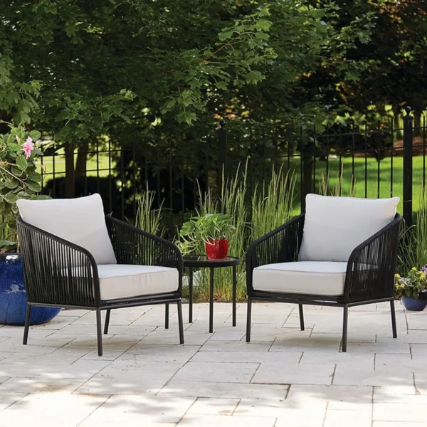 3 Piece Outdoor Rope Bistro Set in black and white with two chairs and a round table, perfect for balcony or patio use.