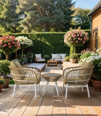 Outdoor Rope 3-Piece Patio Set with Beige & Dark Cream cushions and glass-top table