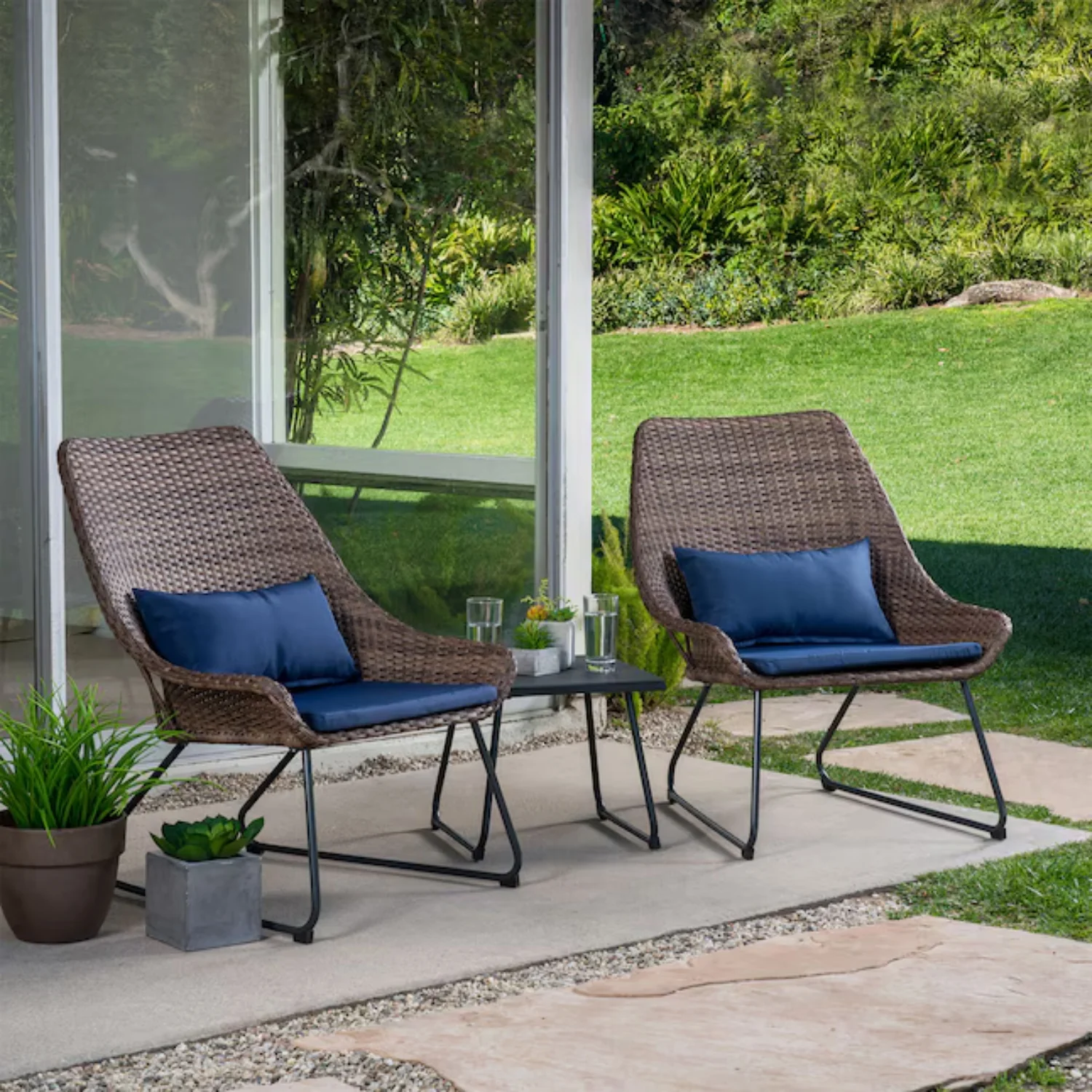 Outdoor Rattan Wicker 3-Piece Patio Set with cushioned chairs and glass-top table for garden, balcony, or patio