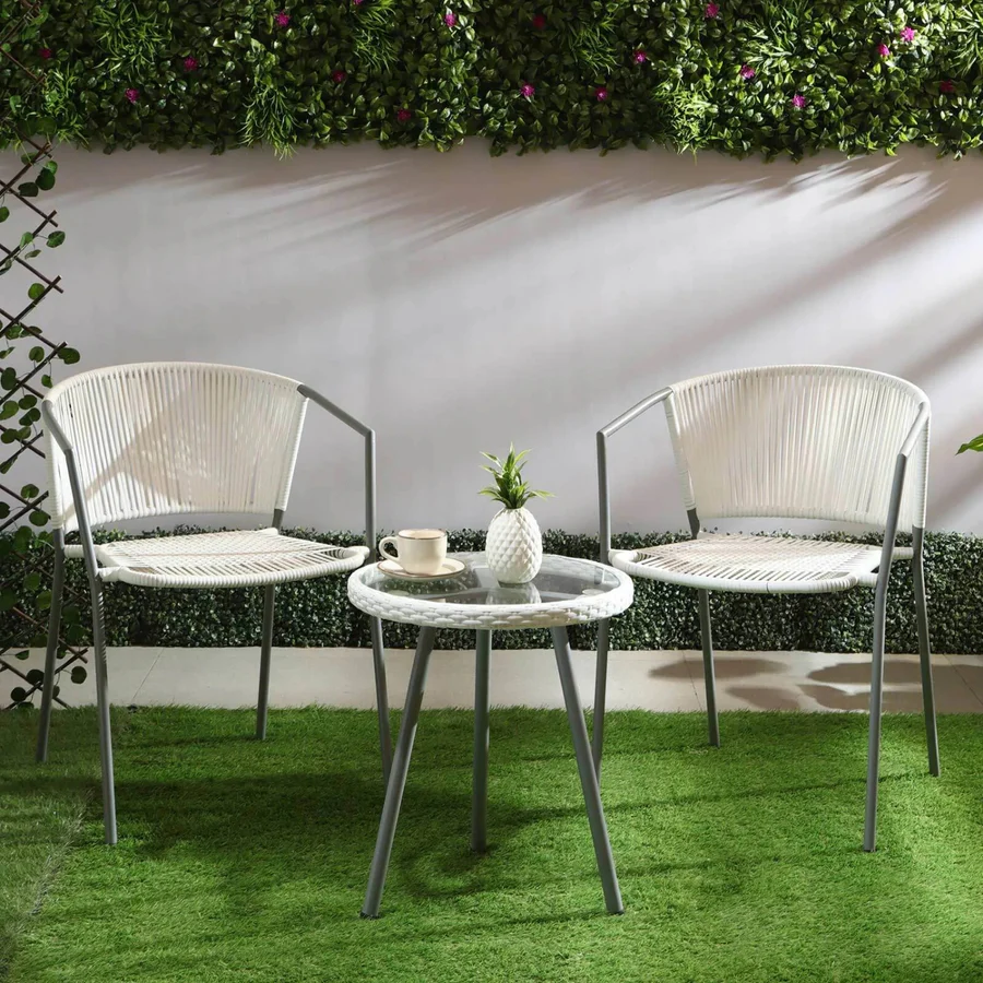 3-piece white rope patio set with chairs and table for outdoor garden and balcony