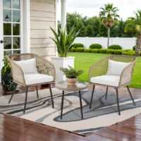 Outdoor wicker 3-piece patio set with two cushioned chairs and a matching glass-top table, ideal for garden, balcony, or backyard.