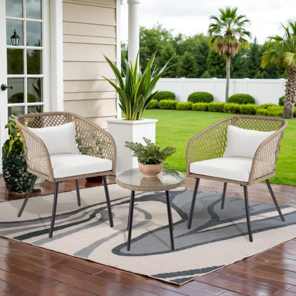 Outdoor wicker 3-piece patio set with two cushioned chairs and a matching glass-top table, ideal for garden, balcony, or backyard.