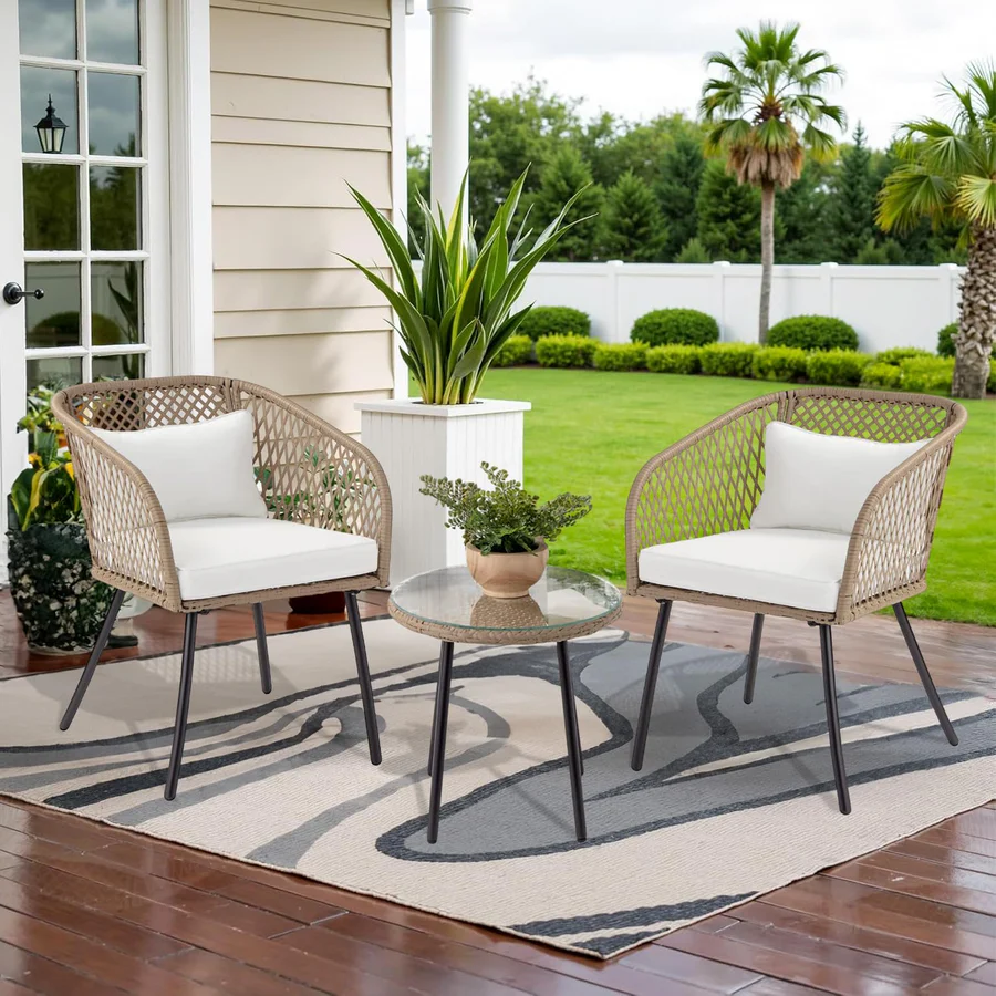 Outdoor wicker 3-piece patio set with two cushioned chairs and a matching glass-top table, ideal for garden, balcony, or backyard.