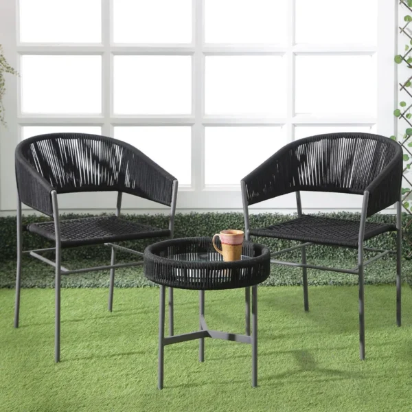 Modern 3-piece grey rope outdoor patio set with cushioned chairs and matching table for garden or balcony use.