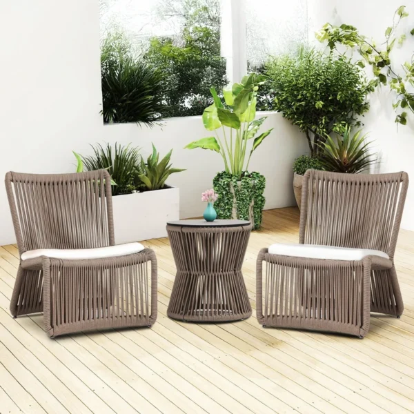 3-piece outdoor beige rope patio set with cushioned chairs and matching side table for garden or balcony