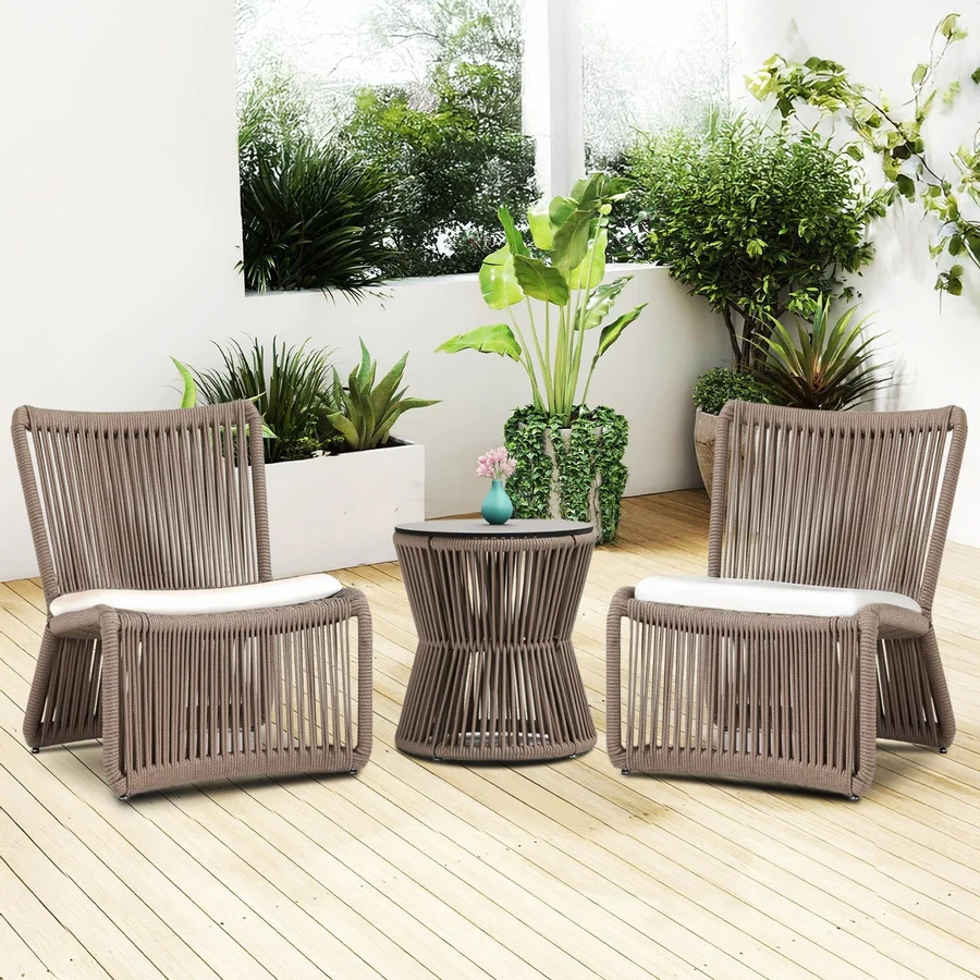 3-piece outdoor beige rope patio set with cushioned chairs and matching side table for garden or balcony