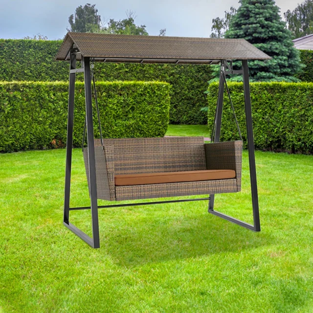 All-Weather Wicker 2-Seat Patio Swing Chair with Shade and Cushions