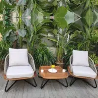 Outdoor Rope 3-Piece Patio Set with Wooden Top Table and Cushioned Chairs
