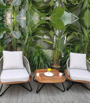 Outdoor Rope 3-Piece Patio Set with Wooden Top Table and Cushioned Chairs