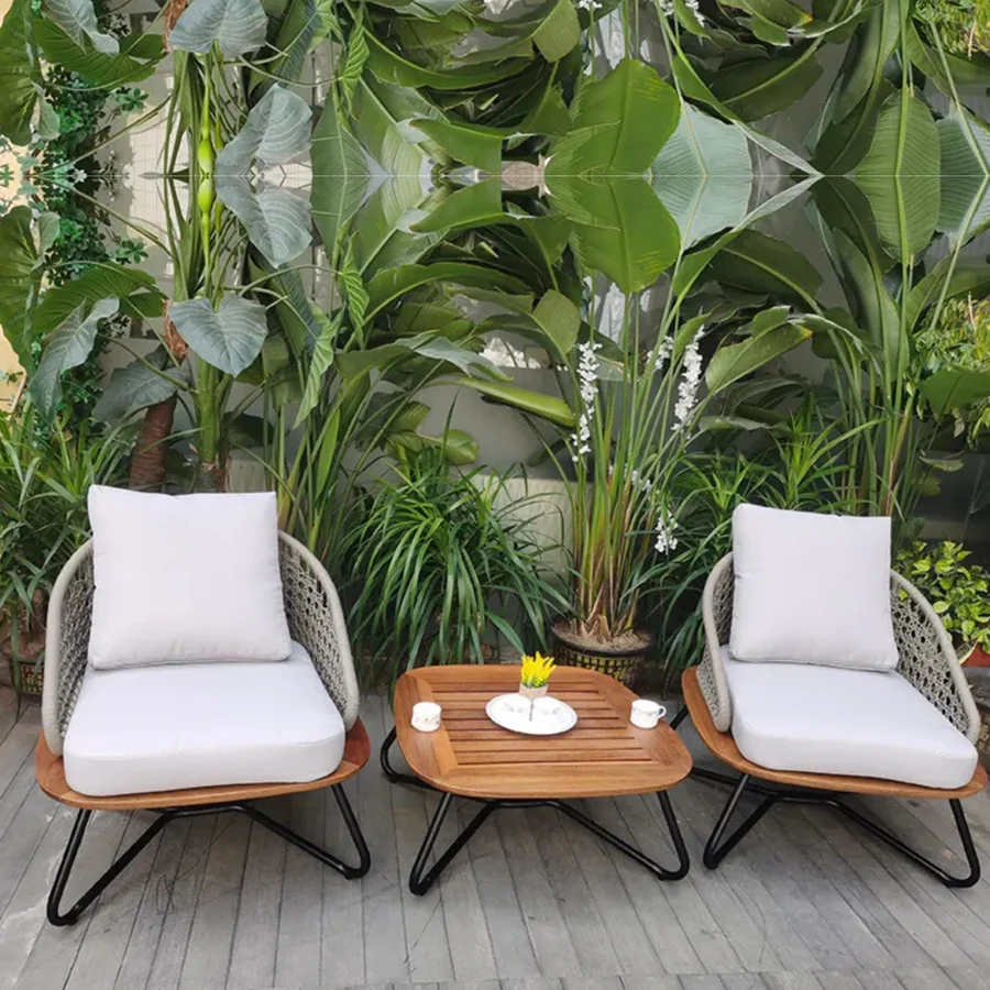 Outdoor Rope 3-Piece Patio Set with Wooden Top Table and Cushioned Chairs