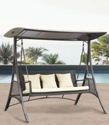 Outdoor rattan wicker 3-seat patio swing chair with canopy shade and soft cushions for backyard or garden