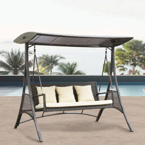 Outdoor rattan wicker 3-seat patio swing chair with canopy shade and soft cushions for backyard or garden
