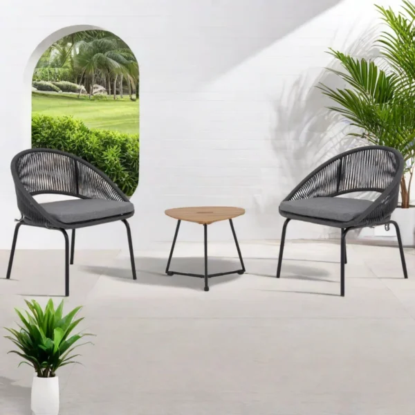 3 Piece Garden Outdoor Rope Patio Set with two chairs and a glass-top table for outdoor living.