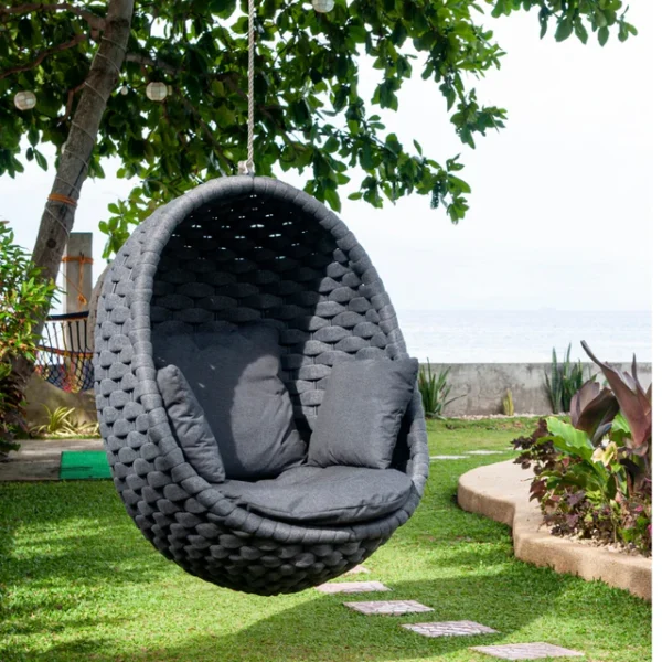 Grey rope hanging egg swing chair with cushion for outdoor and indoor relaxation