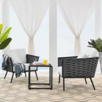 Outdoor rope 3-piece patio furniture set with wooden top table and cushioned chairs