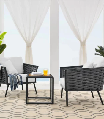 Outdoor rope 3-piece patio furniture set with wooden top table and cushioned chairs