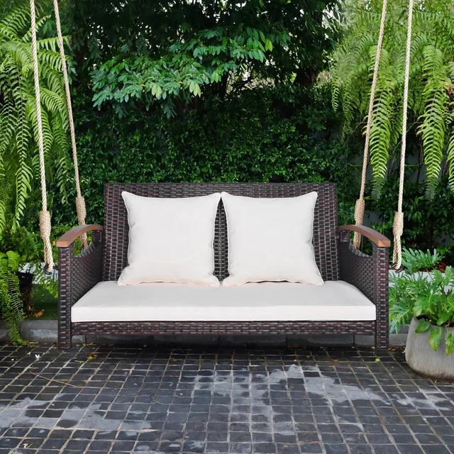 Outdoor Dark Brown Rattan Wicker Two-Seater Sofa Swing with Cushions