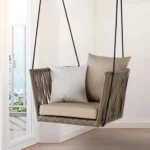 Traditional Porch Outdoor Rattan Garden Swing Chair with Beige Cushion – Stylish and Comfortable Hanging Seat for Patio or Garden