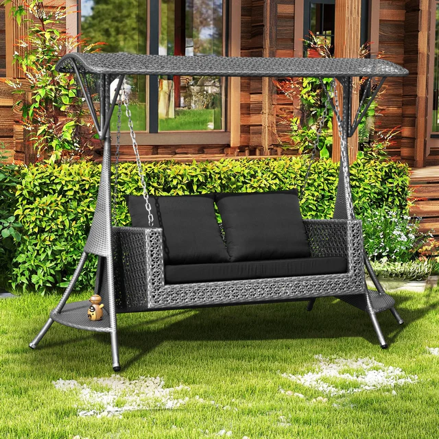 Outdoor Rattan Wicker 2-Seat Patio Swing Chair with Shade and Cushions
