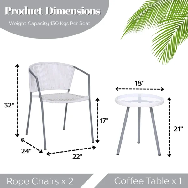 3-piece white rope patio set with chairs and table for outdoor garden and balcony