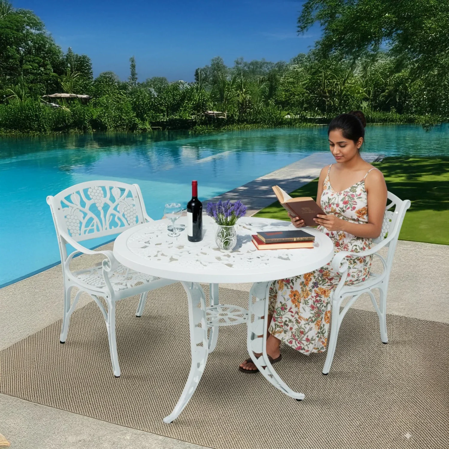 Outdoor 3-piece cast aluminum patio bistro set with beige cushions and round table