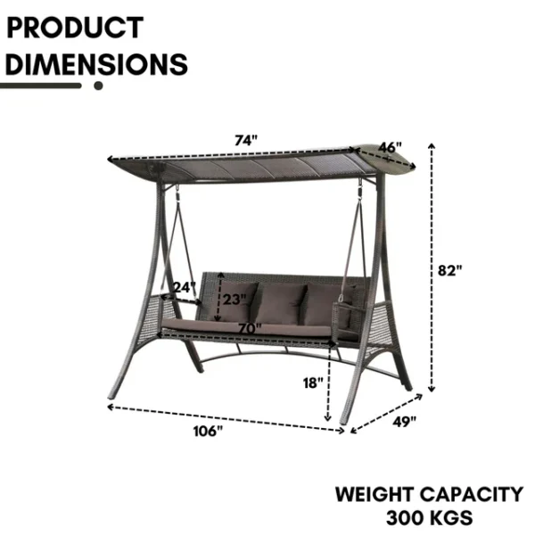 3-seat outdoor rattan wicker patio swing chair with beige cushions and adjustable canopy shade