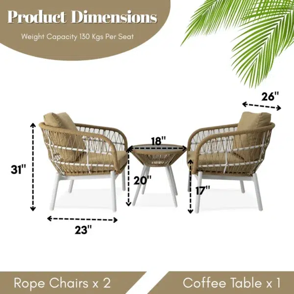 Outdoor Rope 3-Piece Patio Set with Beige & Dark Cream cushions and glass-top table