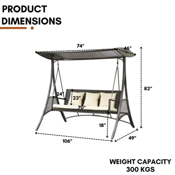 Outdoor rattan wicker 3-seat patio swing chair with canopy shade and soft cushions for backyard or garden