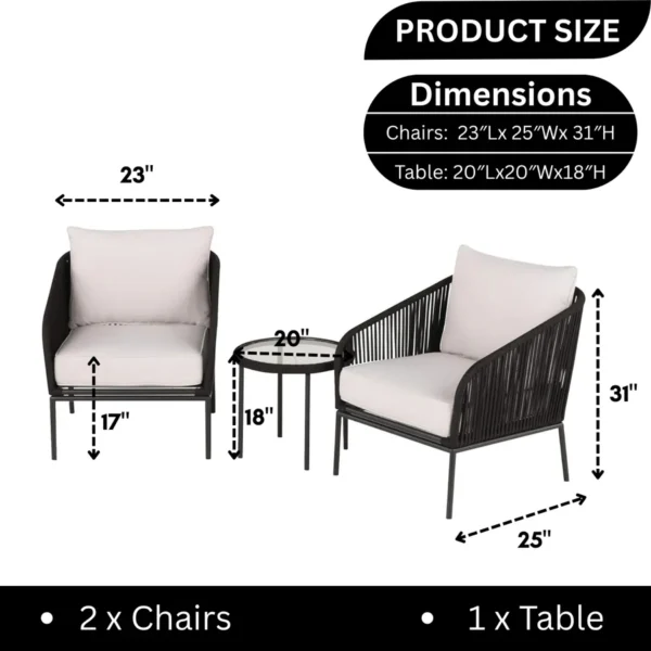3 Piece Outdoor Rope Bistro Set in black and white with two chairs and a round table, perfect for balcony or patio use.