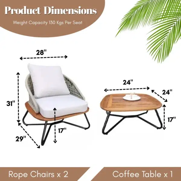 Outdoor Rope 3-Piece Patio Set with Wooden Top Table and Cushioned Chairs