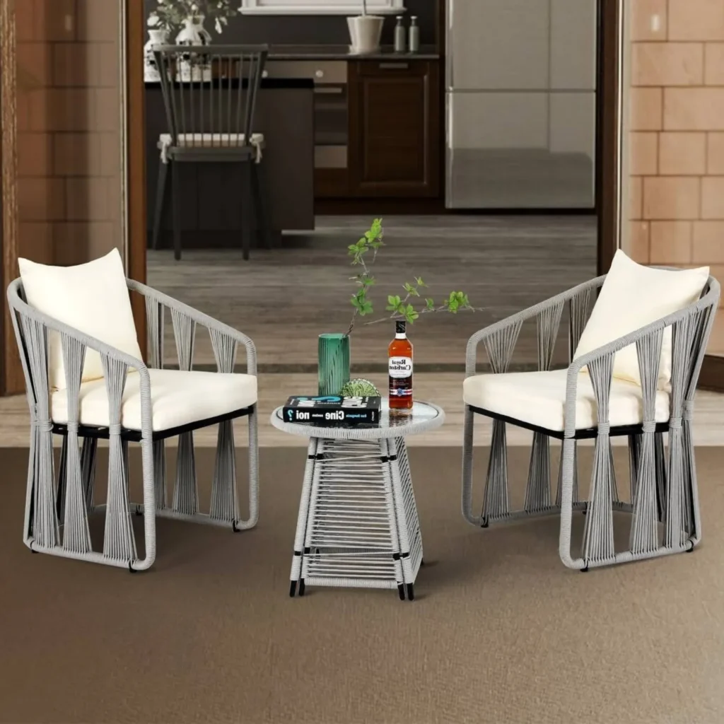 Modern outdoor rope 3-piece patio set with cushioned chairs and side table