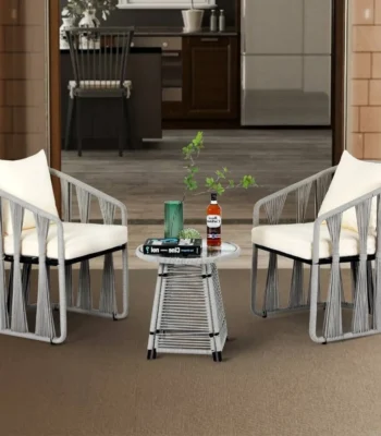 Modern outdoor rope 3-piece patio set with cushioned chairs and side table