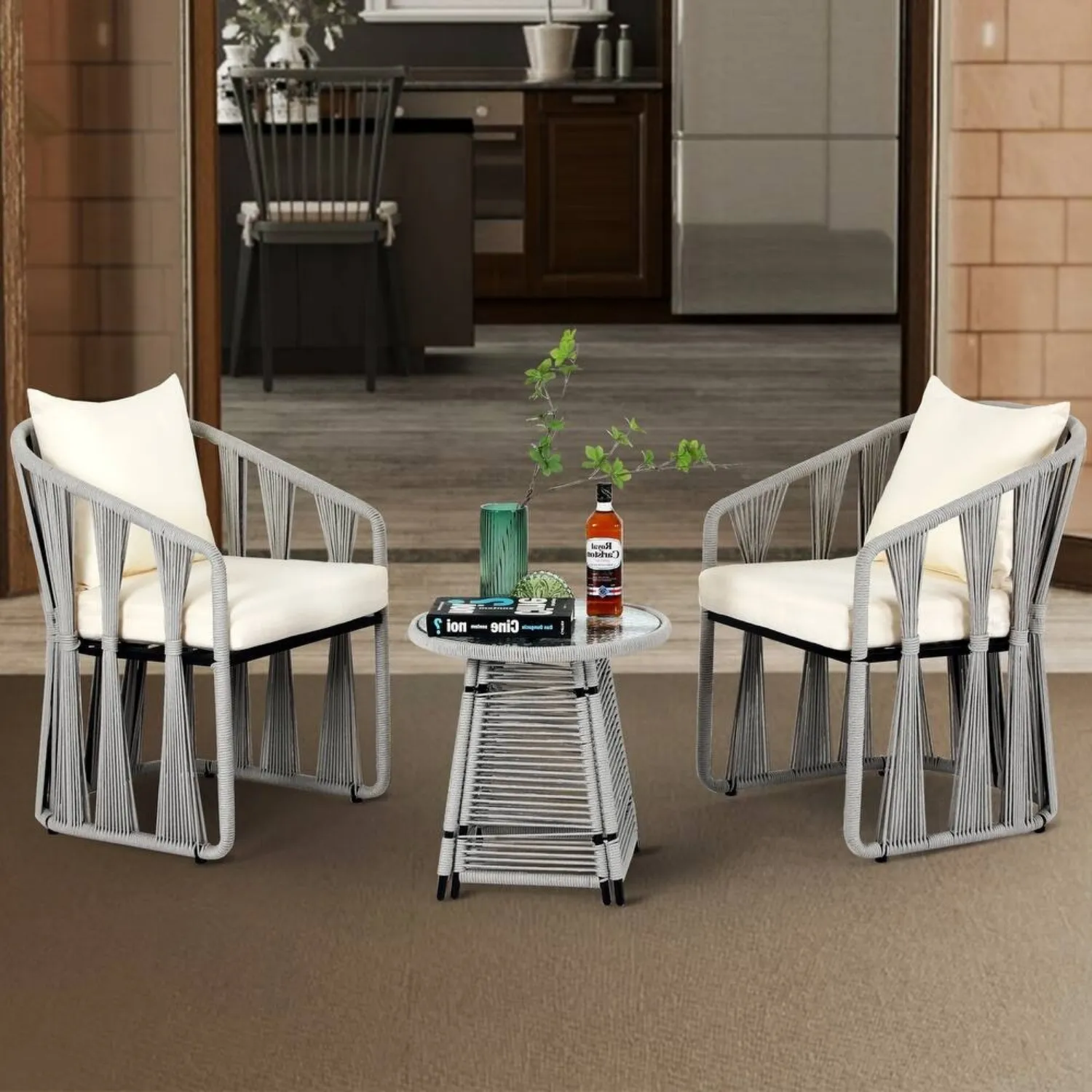 Modern outdoor rope 3-piece patio set with cushioned chairs and side table